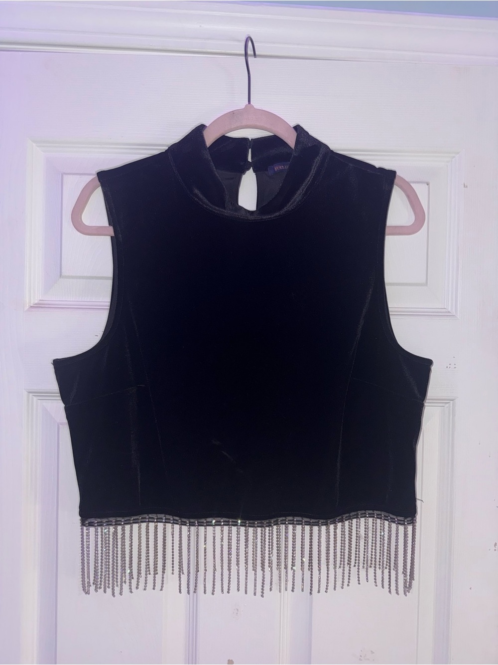 Skies Are Blue Black Velvet Fringe Crop Top